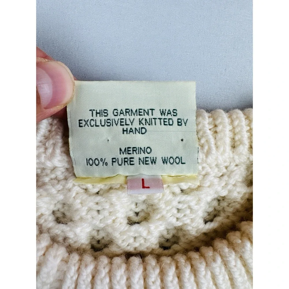 Vintage Carraig Donn Merino Wool Irish Fisherman Cable Knit Sweater L Ireland